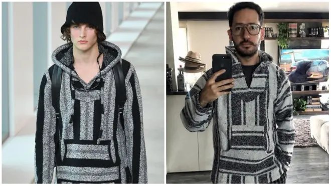 Un poncho de la colección primavera 2019 de Michael Kors (izq) tiene similitudes con una prenda mexicana artesanal llamada "jerga".