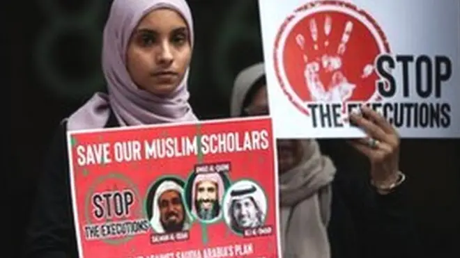 Women protest outside the Saudi consulate in New York on 1 June 2019 to protest against the trials of three clerics in Saudi Arabia