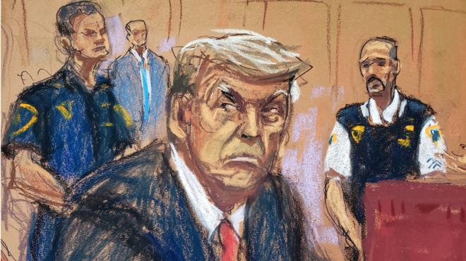 Un dibujo de Donald Trump en la corte.