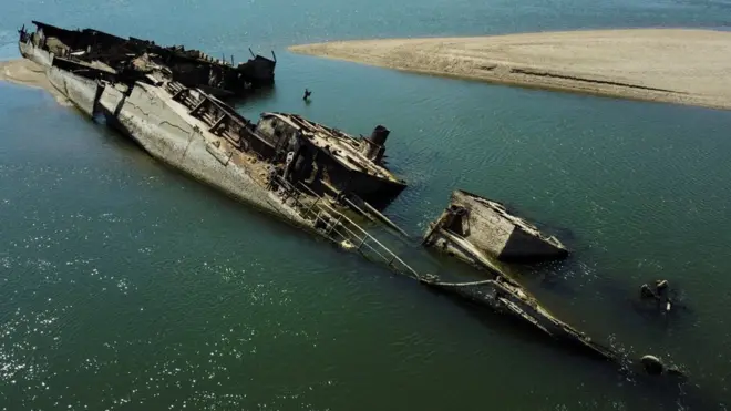 Wreckage of a German World War Two ship in the Danube at Prahovo, Serbia