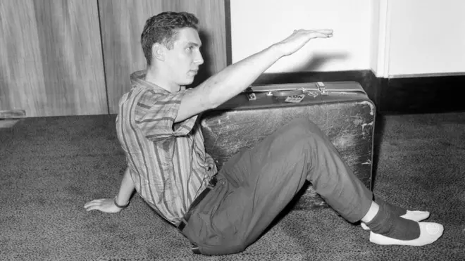 A young Brian Robson shows just how much space he had and how he sat in his crate from Melbourne to Los Angeles