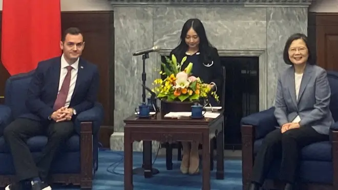 U.S. Representative Mike Gallagher (R-WI) attends a meeting with Taiwan President Tsai Ing-wen at the presidential palace in Taipei, Taiwan February 22, 2024.