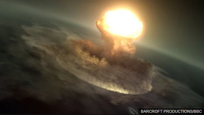 (ภาพจากฝีมือศิลปิน) พลังงานที่เกิดขึ้นจากการชนของอุกกาบาตยักษ์ เทียบเท่ากับระเบิดปรมาณูที่ทิ้งใส่เมืองฮิโรชิมะ 10,000 ล้านลูก