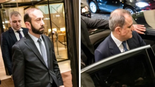 Министр иностранных дел Армении Арарат Мирзоян (слева) и министр иностранных дел Азербаджана Джейхун Байрамов (справа) после переговоров в Женеве, 2 октября, 2022