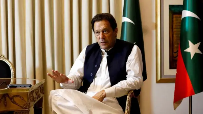 Former Pakistani Prime Minister Imran Khan speaks with Reuters during an interview, in Lahore, Pakistan March 17, 2023.