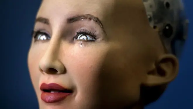 2017年國際電信聯盟全球峰會上，一家香港公司展出的人臉機器人。