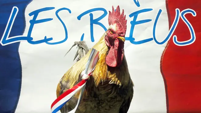 "Todos con los azules" se lee en el mensaje que acompaña al gallo "más bonito" de Francia, "P'Tit Claude", que fue la mascota de la selección en 2006. Diez años después, los gallos no serán bienvenidos en los estadios.