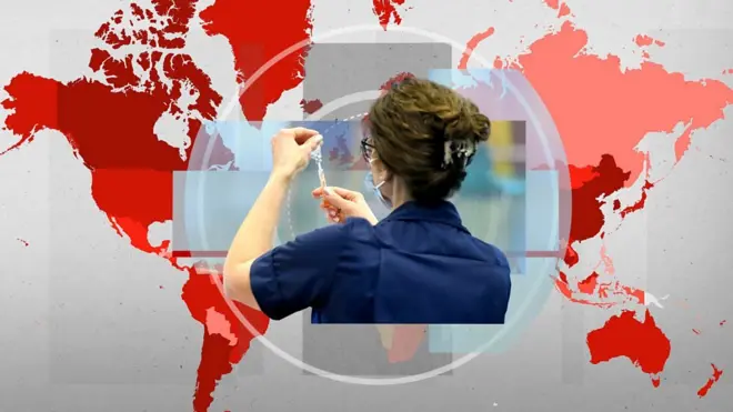 A nurse prepares a vaccine dose with a world map graphic behind her