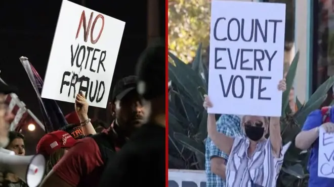 متظاهرون يحملون لافتات واحدة تقول "كل صوت يعد" والأخرى تقول "لا للتلاعب بالأصوات"