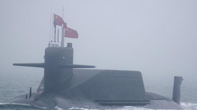 A new type 094A Jin-class nuclear submarine Long March 10 of the Chinese People's Liberation Army (PLA) Navy participates in a naval parade to commemorate the 70th anniversary of the founding of China's PLA Navy in the sea near Qingdao, in eastern China's Shandong province on April 23, 2019. -