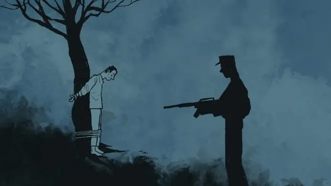 ภาพแอนิเมชันทหารถือปืนจ่อชายที่ถูกมัดไว้กับต้นไม้