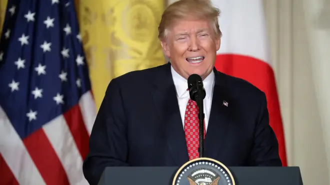 President Donald Trump holds a joint press conference with Japan Prime Minister Shinzo Abe at the White House