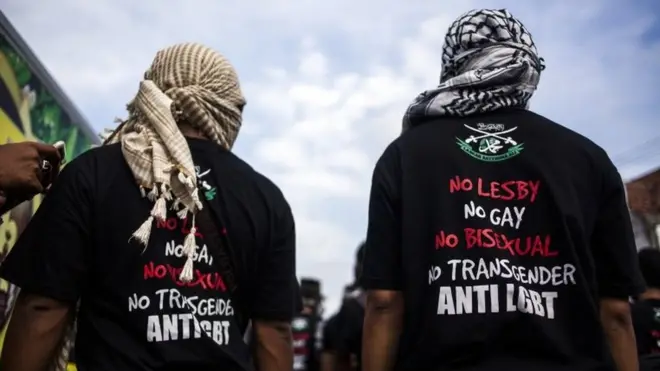 In this photo taken on February 23, 2016 shows anti-LGBT Muslim group marching to blockade pro-LGBT protesters in Yogyakarta, in Java island.