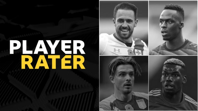 Player Rater graphic featuring Danny Ings (top left), Edouard Mendy (top right), Paul Pogba (bottom right) and Jack Grealish (bottom left)