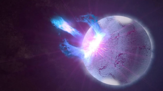 ภาพจำลองแมกนีทาร์หรือดาวนิวตรอนที่มีสนามแม่เหล็กอันแข็งแกร่ง กำลังปะทุพลังงานระดับสูงออกมาเมื่อเปลือกผิวดาวแตกออก