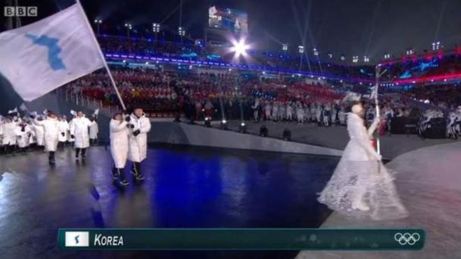 平昌冬季五輪開会式では、韓国と北朝鮮の選手たちが統一旗の下で共に行進した