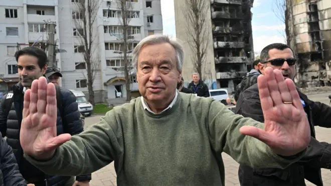 UN Secretary-General Antonio Guterres gestures as he attends a visit in Borodianka, outside Kyiv, on 28 April 2022