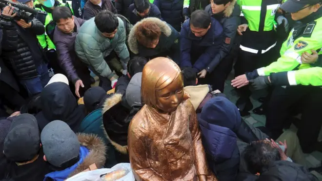 釜山市民团体曾于12月28号在日本领馆外树立慰安妇少女像，但铜像被当局移走。