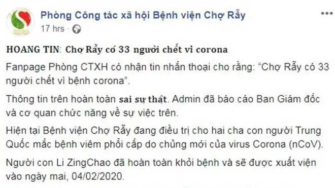 Facebook Phòng công tác xã hội bệnh viện Chợ Rẫy đăng tối ngày 3/2