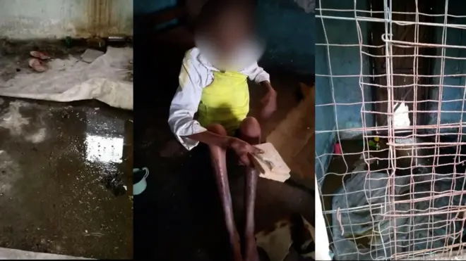 Woman and di cage wia she bin live