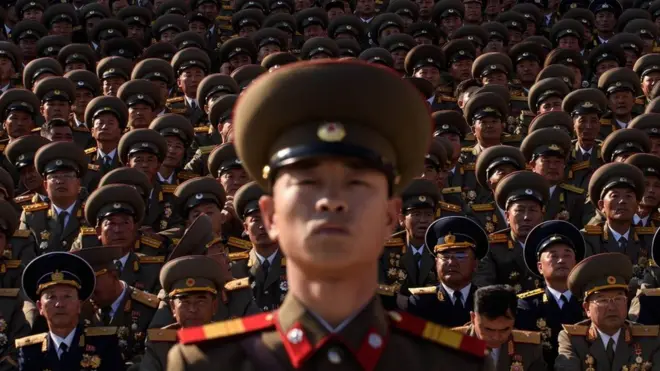 Para perwira tentara Korea Utara dalam sebuah acara kemiliteran di Pyongyang baru-baru ini.