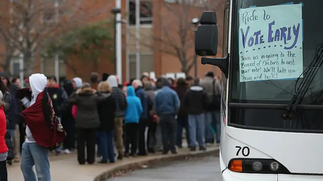A charter bus waiting to take people to vote in 2012