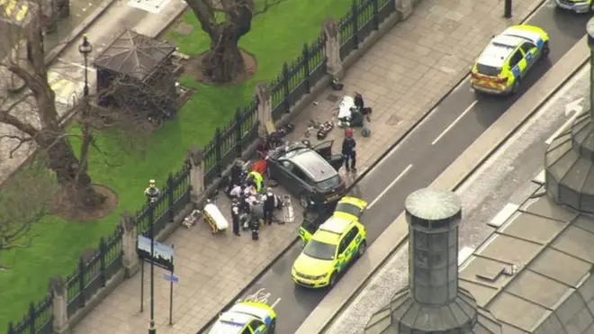 El auto del atacante tras chocar contra la reja del Parlamento británico.
