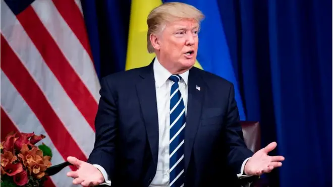 US President Donald Trump makes a statement for the press before a meeting with Ukraine's President Petro Poroshenko at the Palace Hotel during the 72nd United Nations General Assembly September 21, 2017
