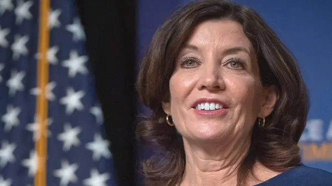 Kathy Hochul speaking at Half Hollow Hills East School with Parkland parents present, on the gun law campaign in Dix Hills, New York on January 10, 2019.