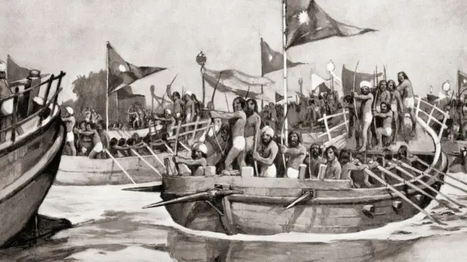 Mahmud of Ghazni attacking the Jats on the Chenab River, Northern India in 1026. Yam?n-ud-Dawla Abul-Q??im Ma?m?d ibn Sebükteg?n, aka Mahmud of Ghazni or Mahm?d-i Z?bul?, 971 – 1030. Prominent ruler of the Ghaznavid Empire. From Hutchinson's History of the Nations, published 1915.