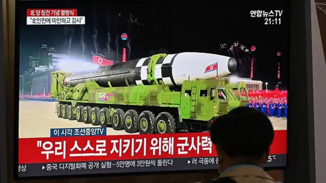 A number of large missiles were displayed on heavy-duty trucks during the parade