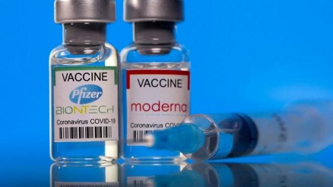 Các lọ có nhãn vaccine Pfizer-BioNTech và Moderna