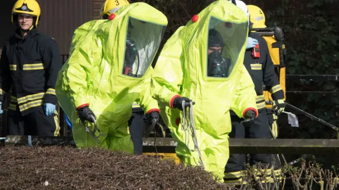 Specialist officers in protective suits have needed to secure the scene following the nerve gas attack