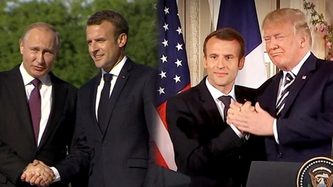 Рукопожатия президента Франции с президентом России и президентом США очень разные.