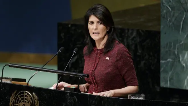 "Recordaremos este voto", advirtió la embajadorapixbet aposta eleiçõesEstados Unidos, Nikki Haley.