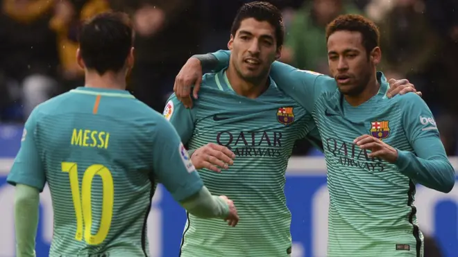 Lionel Messi (left), Neymar and Luis Suarez