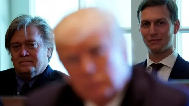 ستيف بانون (يسارا)، الذي يظهر في الصورة إلى جانب غاريد كوشنر (يمينا)، يعتبر واحدا من أكثر الأصوات نفوذا في إدار ترامب