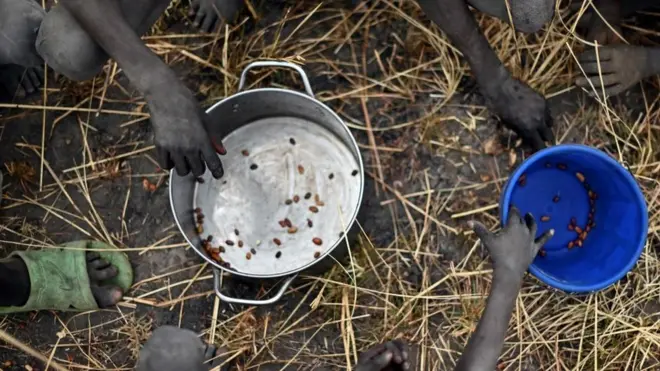 Sejumlah bocah mengumpulkan biji-bijian yang terjatuh dari karung-karung jagung bantuan di Sudan Selatan, Februari 2020 lalu. Laporan WFP mengestimasi bahwa jumlah orang yang menderita akibat kelaparan bisa melonjak dari 135 juta jiwa menjadi 250 juta jiwa.