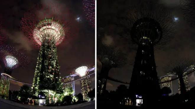 Composite image of Singapore's Supertrees before and during Earth Hour