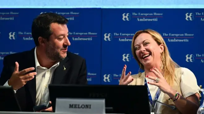 Matteo Salvini (L) and Fratelli d&#x27;Italia leader Giorgia Meloni on September 4, 2022