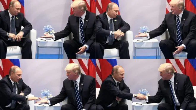 Владимир Путин и Дональд Трамп на саммите в Гамбурге в июле 2017 г.