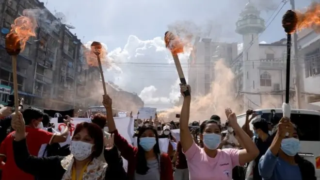Protesters in Yangon, 14 July