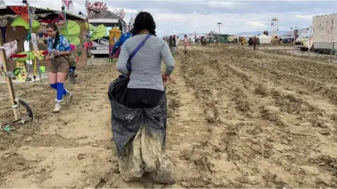 Heavy rain has turned the alkaline dust in the Black Rock Desert into thick mud