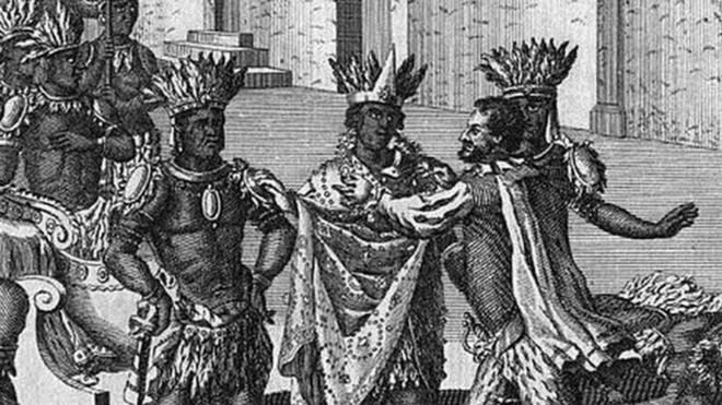 Circa 1518, Spanish explorer Hernando Cortez meets Montezuma, king of the Aztecs.