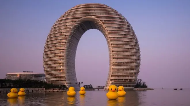 Another dramatic looking hotel is the Sheraton Hot Spring Resort on Taihu Lake, Huzhou, and comes complete with rubber ducks.