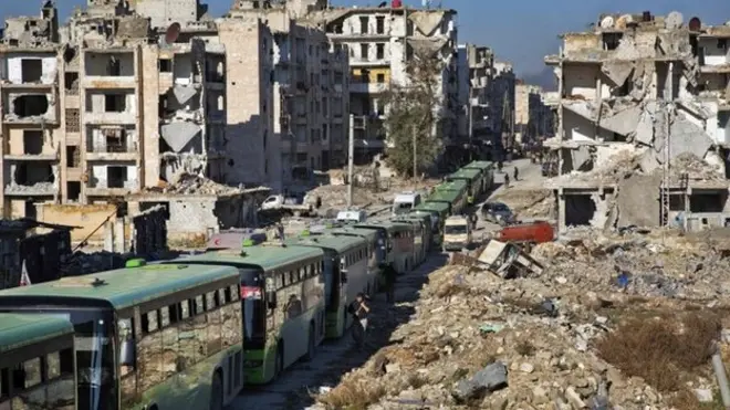 Buses wait to be boarded on the outskirts of Aleppo on Friday
