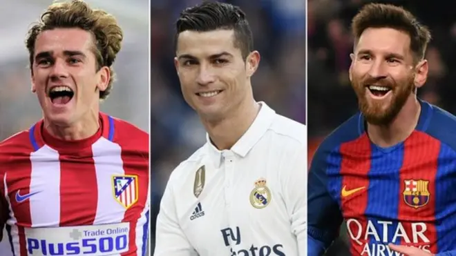 Antoine Griezmann, Cristiano Ronaldo, dan Lionel Messi menjadi calon peraih pemain terbaik FIFA.