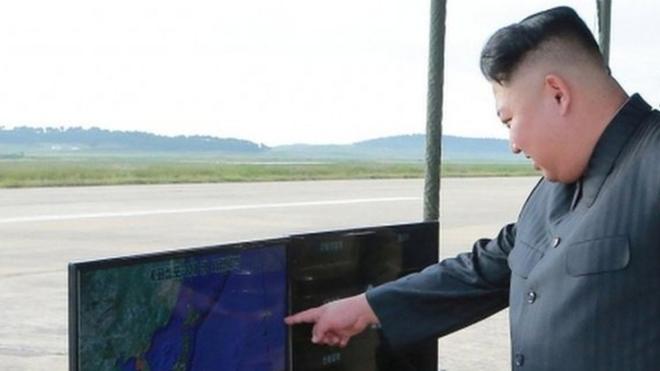 Kim Jong-un at the test of a Hwasong-12 missile, undated KCNA photo released on 16 September 2017