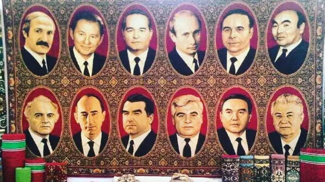 Тажикстанда килемдин бетине мамлекет башчыларынын сүрөттөрүн түшүрүшкөн