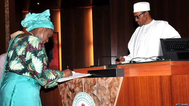 Kemi Adeosun for her swearing in ceremony as minister of finance for 2015